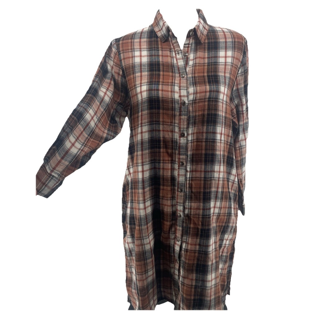 Shirt Dress Womens Small Plaid Western Cowgirl Boho 100% Cotton Rust Brown Black